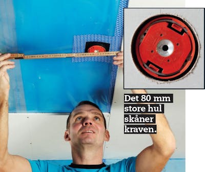 Opsætning af gipsloft: Hullerne til loftsdåserne skæres i første lag plader Opsætning af gipsloft: Hullerne til loftsdåserne skæres i første lag plader